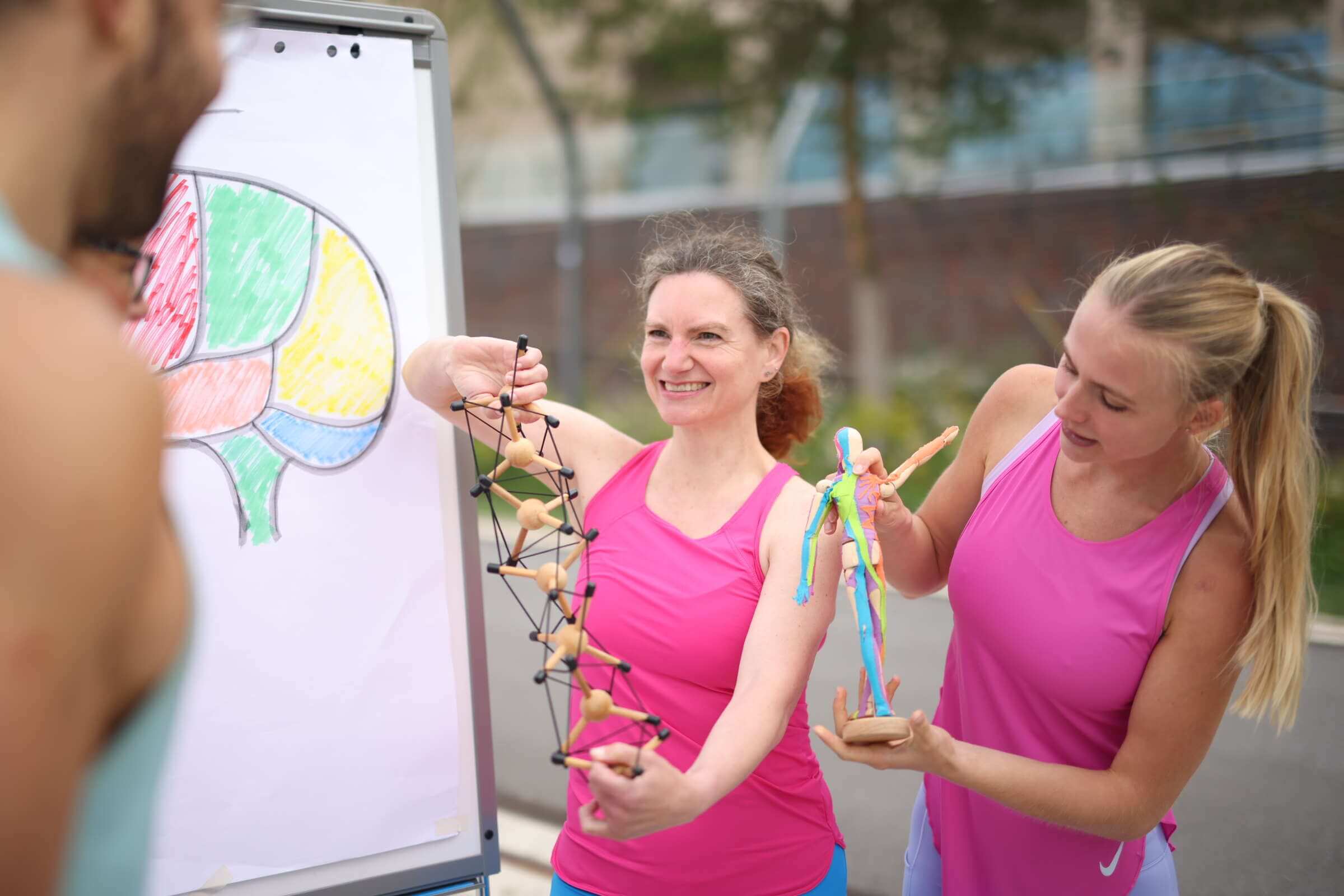 zwei Frauen in pinker Sportkleidung stehen vor einer Plane mit einem aufgezeichneten Gehirn, sie erklären mit Modellen Neuroathletik