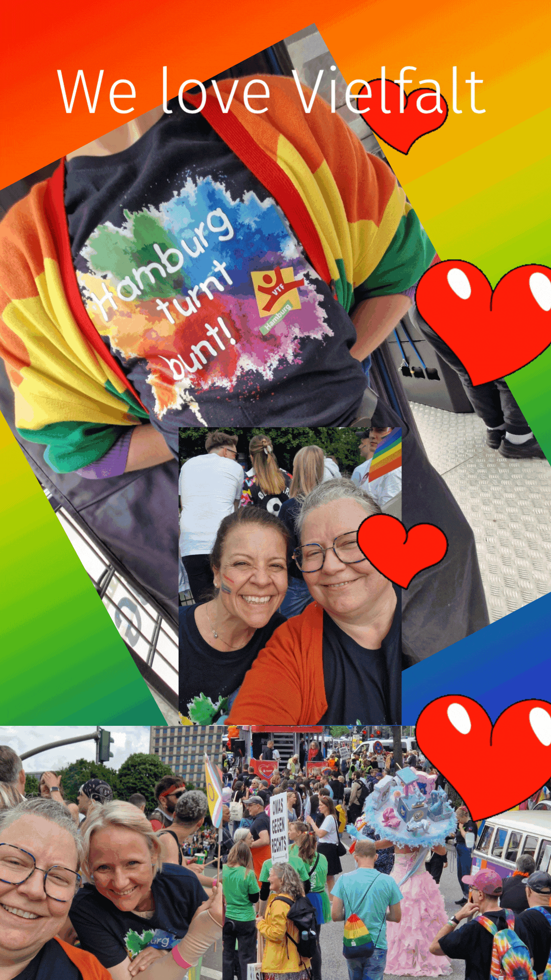 Eine Fotokollage mit Personen beim CSD Hamburg 2025 im Social Media Format. Die Überschrift lautet "We love Vielfalt", man sieht Menschen, Herzen und eine Person, deren Kopf nicht sichtbar ist. Sie trägt ein T-Shirt auf dem steht Hamburg turn bunt