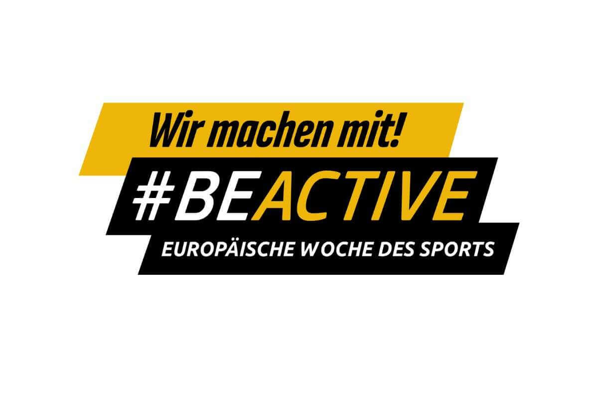 Wir machen mit. #BeActive . Europäische Woche des Sports - ein Badge mit diesem Text in den Farben orangem weiß und schwarz