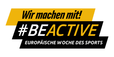 Wir machen mit. #BeActive . Europäische Woche des Sports - ein Badge mit diesem Text in den Farben orangem weiß und schwarz
