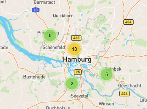 Landkarte mit einem groben Ausschnitt von Hamburg, darauf sind insgesamt 4 Punkte zu sehen, die grob angeben, wieviele Angebote in diesem Stadtbereich angeboten werden. In Summe sind es 23.