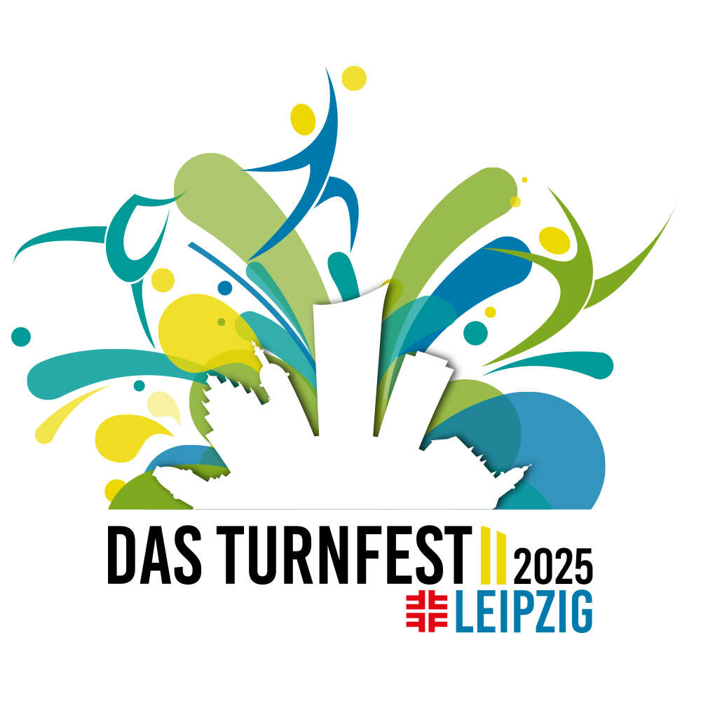 Das Turnfest-Logo. 2025 Leipzig. ein Feuerwerk aus bunten Farben und schematischen Figuren in Bewegung
