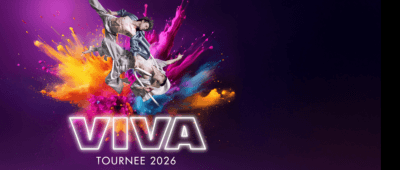 Zwei Artisten hängen an einem Seil und sehen aus als würden sie fliegen, im Hintergrund sind kunterbunte Farbexplosionen zu sehen. Im Text steht VIVA Tournee 2026