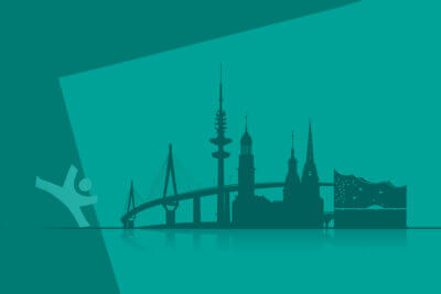 Hamburger Skyline in den Farben des Hamburger Sport-Kongress mit der VTF-Figur