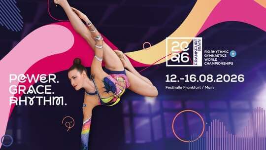 eine Gymnastin macht kunstvoll einen Einarmhandstand, Text: Power, Grace, Rhythm, 12.-16.8.2026 in Frankfurt am Main