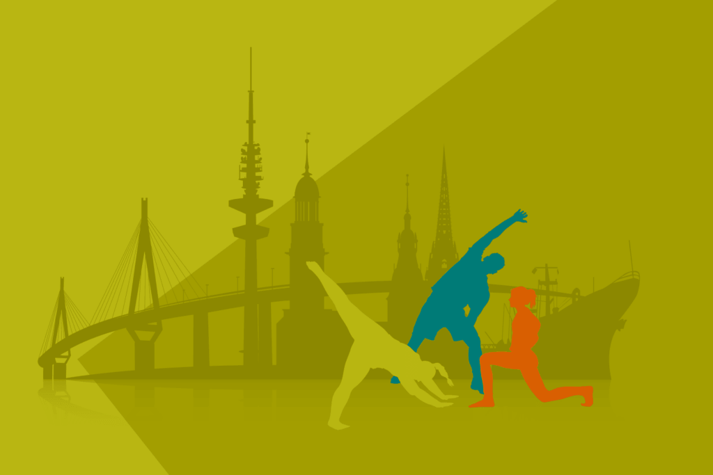 Skyline-Hamburg mit Köhlbrandbrücke, Fernsehturm, den Hamburger Hauptkirchen und einem Schiff als Teaserbild für den Pre-Kongress. Davor die Scherenschnitte des Logos vom Hamburger Sport-Kongress